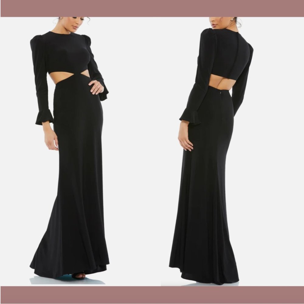 NWT $398 Mac Duggal Long Sleeve Puff‎ Shoulder Cut Out Gown Black [ SZ 6 ] #Q449